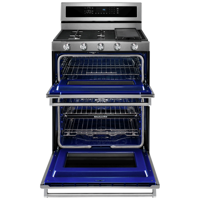 30 In. Gas Range KitchenAid KFDD500ESS  Stainless  5 Burners     Capacity 2.5 cubic feet  2000 Watts  Width 30 inches