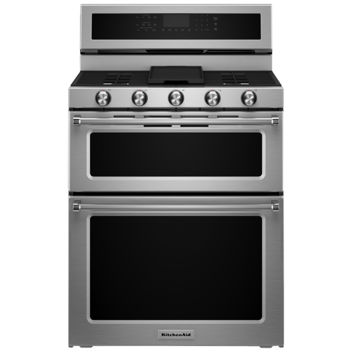 Cuisinière 30 Po. Gaz KitchenAid KFDD500ESS  Inox 5 bruleurs     Capacité 2.5 pieds cubes 2000 Watts  largeur 30 pouces