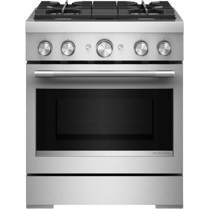 Cuisinière 30 Po. Gaz KitchenAid KFDS930SSS  Inox 4 bruleurs     3,000 Watts  largeur 30 pouces
