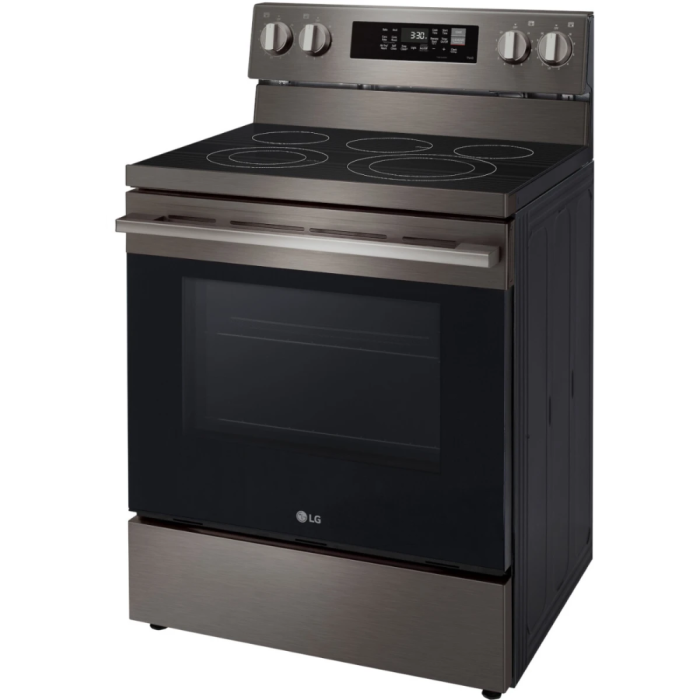 30 In. Ceramic Glass Range LG LREN6323ZE  Black Stainless   5 Burners     Capacity 6.3 cubic feet  2500 Watts  Width 30 inches