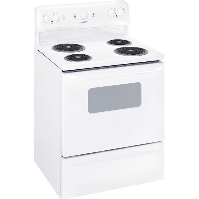 30 In. Coil Range Moffat MCBS523DNWW  White  4 Burners     Capacity 4 cubic feet  2585 Watts  Width 30 inches