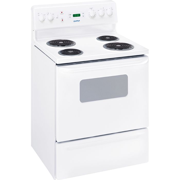 30 In. Coil Range Moffat MCBS525DNWW  White  4 Burners     Capacity 5 cubic feet  2585 Watts  Width 30 inches