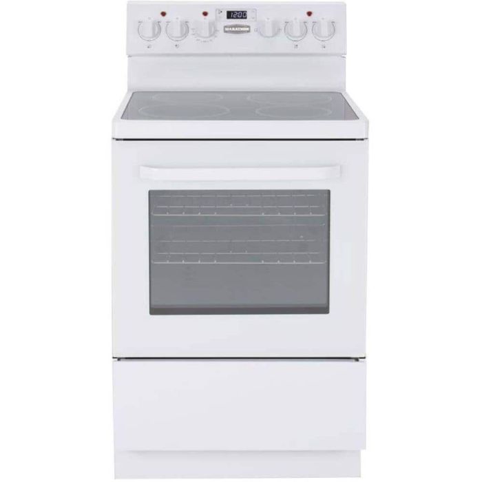 24 In. Ceramic Glass Range Marathon MER245W-2  White  4 Burners     Capacity 2.7 cubic feet   Width 24 inches