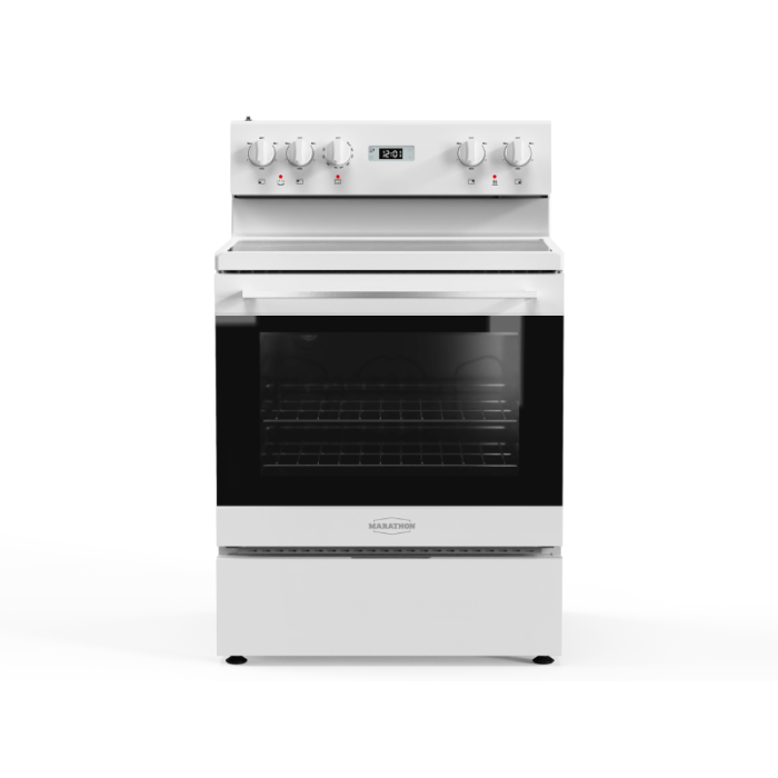 30 In. Ceramic Glass Range Marathon MER3070W  White  4 Burners     Capacity 4.8 cubic feet  2800 Watts  Width 30 inches