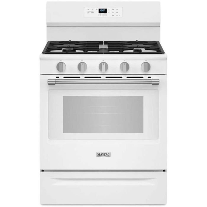 30 In. Gas Range Maytag MFGS6030RW  White  5 Burners     Capacity 5 cubic feet  16500 BTU Watts  Width 30 inches
