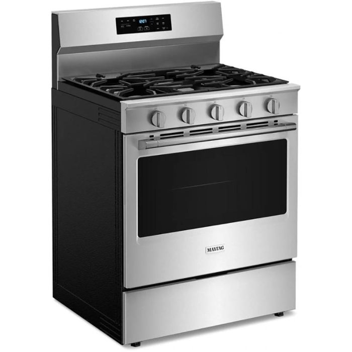 30 In. Gas Range Maytag MFGS6030RZ  Stainless  5 Burners     Capacity 5 cubic feet  16500 BTU Watts  Width 30 inches