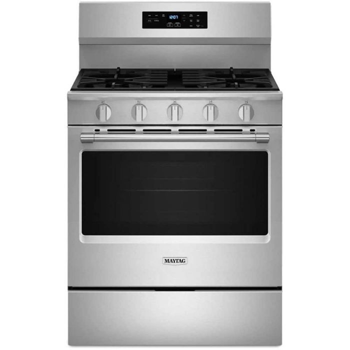 30 In. Gas Range Maytag MFGS6030RZ  Stainless  5 Burners     Capacity 5 cubic feet  16500 BTU Watts  Width 30 inches