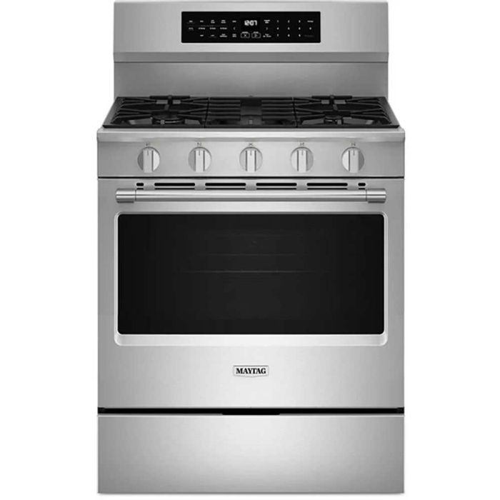 30 In. Gas Range Maytag MFGS8030RZ  Stainless  5 Burners     Capacity 5 cubic feet   Width 30 inches