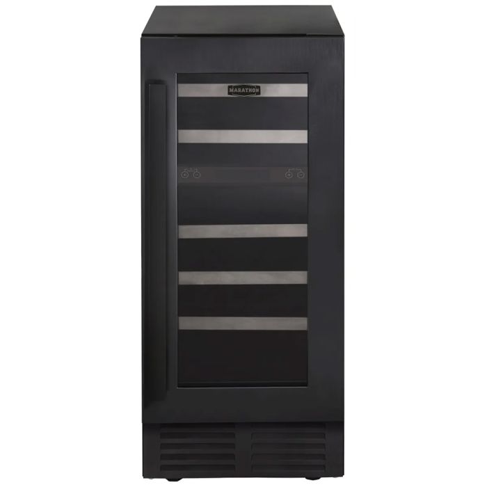 Cellier Autoportant encastrable 28 bouteilles, 15 po. Marathon MWC28-DBLS  Inox Noir    28 bouteilles  largeur 15 pouces présenté par Corbeil