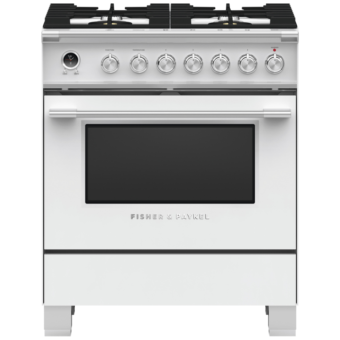 30 In. Gas Range Fisher & Paykel OR30SCG6W1  White  4 Burners     Capacity 3.5 cubic feet  2500 Watts  Width 30 inches