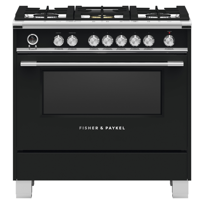 36 In. Gas Range Fisher & Paykel OR36SCG6B1  Black  5 Burners     Capacity 4.9 cubic feet  2500 Watts  Width 36 inches