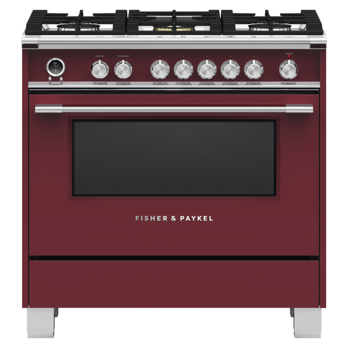 36 In. Gas Range Fisher & Paykel OR36SCG6R1  Red  5 Burners     Capacity 4.9 cubic feet  2500 Watts  Width 36 inches