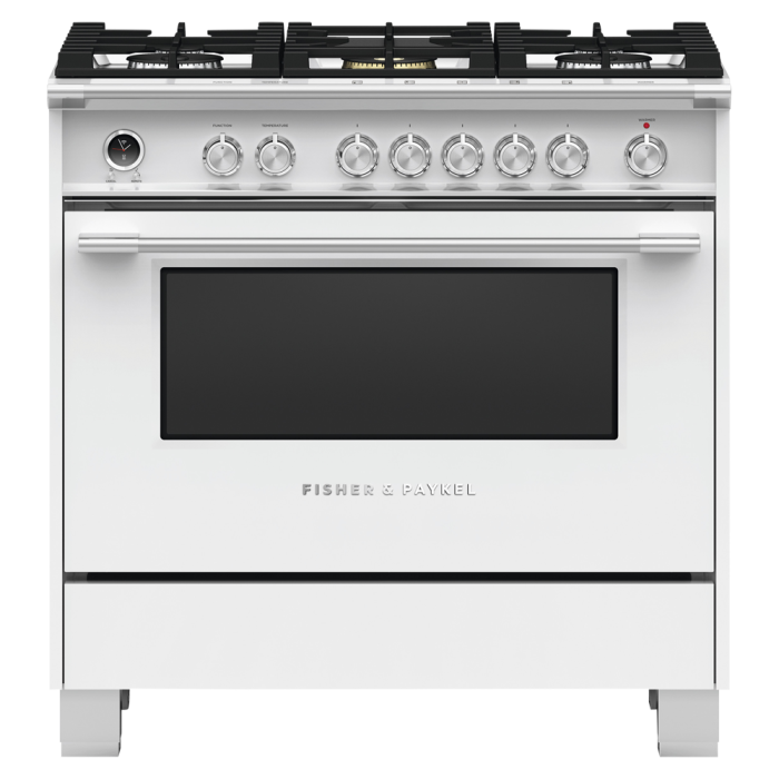 36 In. Gas Range Fisher & Paykel OR36SCG6W1  White  5 Burners     Capacity 4.9 cubic feet  2500 Watts  Width 36 inches