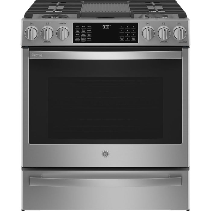 30 In. Gas Range GE Profile PC2S930YPFS  Stainless  5 Burners     Capacity 5.7 cubic feet   Width 30 inches