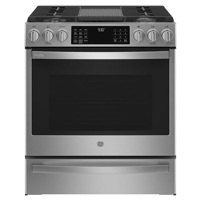 Cuisinière 30 Po. Gaz GE Profile PCGS930YPFS  Inox 5 bruleurs     Capacité 5.6 pieds cubes 16 000 Watts  largeur 30 pouces