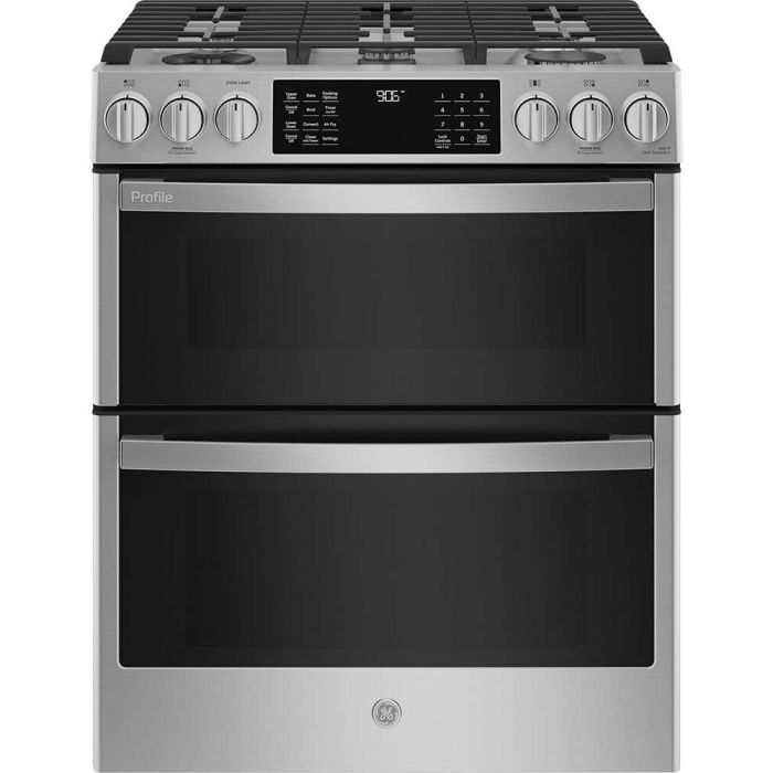 Cuisinière 30 Po. Gaz GE Profile PCGS960YPFS  Inox 5 bruleurs     Capacité 2.4 pieds cubes 7000 BTU Watts  largeur 30 pouces