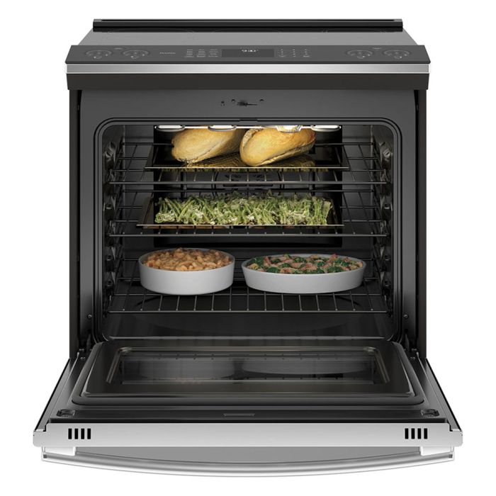 30 In. Induction Range GE Profile PCHS920YMFS  Stainless  5 Burners     Capacity 5.3 cubic feet  2850 W Watts  Width 30 inches