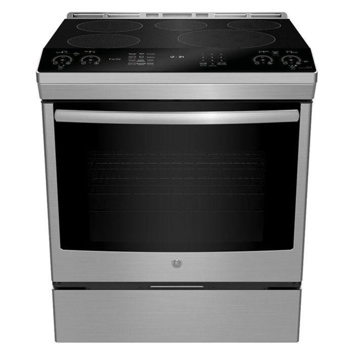 30 In. Induction Range GE Profile PCHS920YMFS  Stainless  5 Burners     Capacity 5.3 cubic feet  2850 W Watts  Width 30 inches