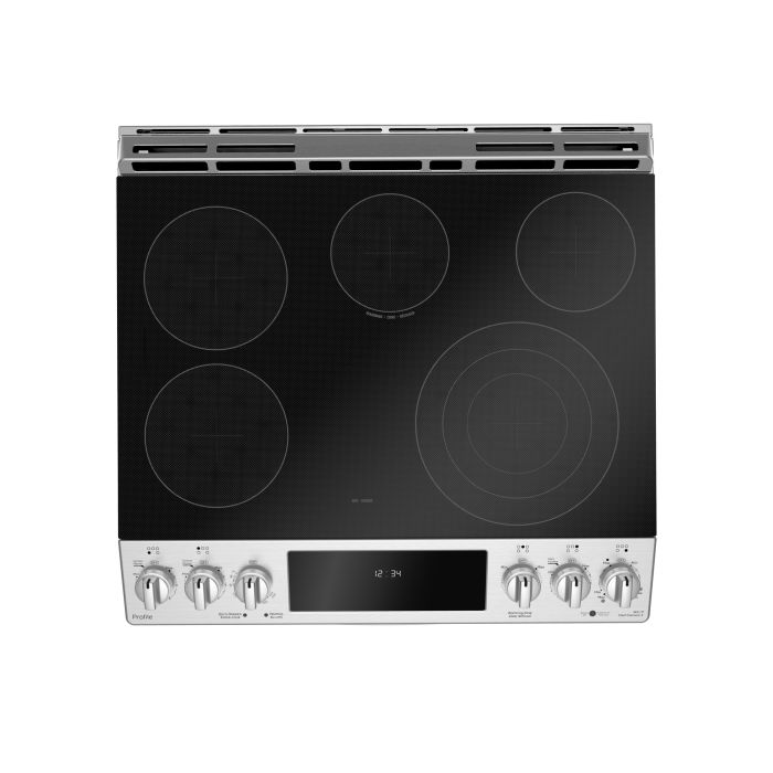 Cuisinière 30 Po. Vitrocéramique GE Profile PCS940YMFS  Inox 5 bruleurs     Capacité 5.3 pieds cubes 2850 W Watts  largeur 30 pouces