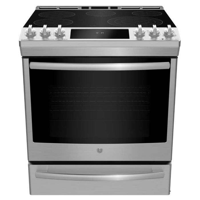 Cuisinière 30 Po. Vitrocéramique GE Profile PCS940YMFS  Inox 5 bruleurs     Capacité 5.3 pieds cubes 2850 W Watts  largeur 30 pouces