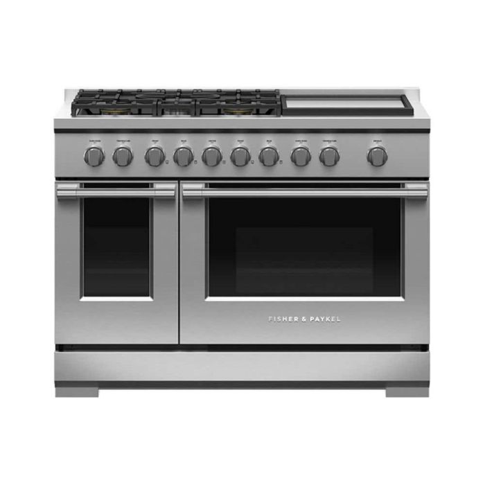 Cuisinière 48 Po. Gaz Fisher & Paykel RGV3-485GD-L  Inox 5 bruleurs     Capacité 5.3 pieds cubes 21500 BTU Watts  largeur 48 pouces