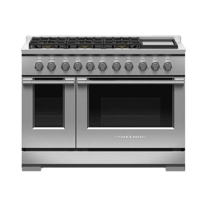 Cuisinière 48 Po. Gaz Fisher & Paykel RGV3-486GD-L  Inox 6 bruleurs     Capacité 7.7 pieds cubes 17000 BTU Watts  largeur 48 pouces
