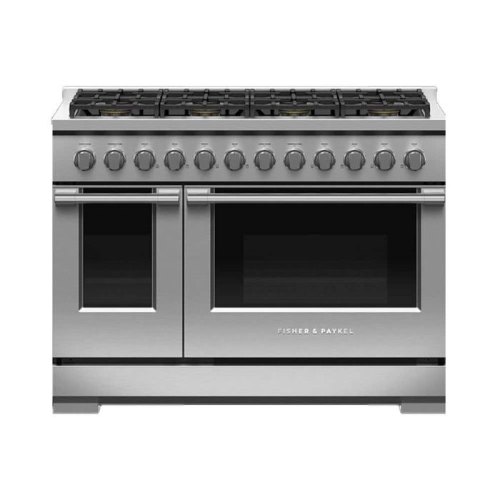 Cuisinière 48 Po. Gaz Fisher & Paykel RGV3-488-L  Inox 8 bruleurs     Capacité 3.9 pieds cubes 21500BTU Watts  largeur 48 pouces