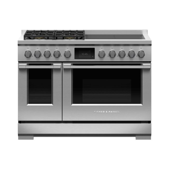 48 In. Gas and Induction  Range Fisher & Paykel RHV3-484-L  Stainless  8 Burners     Capacity 6.9 cubic feet  4600 Watts  Width 48 inches