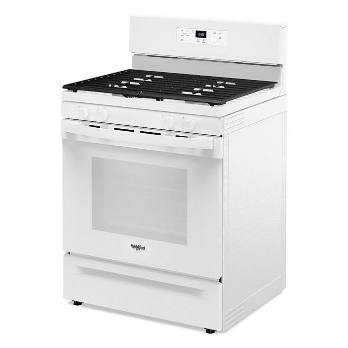 30 In. Gas Range Whirlpool WFGS3530RW  White  4 Burners     Capacity 5 cubic feet   Width 30 inches