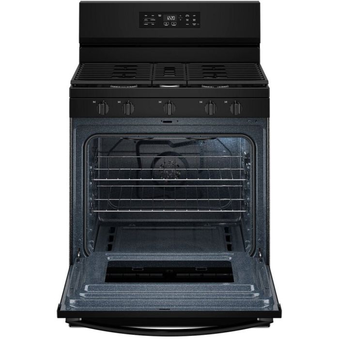 30 In. Gas Range Whirlpool WFGS4530SB  Black  5 Burners     Capacity 5 cubic feet  16,500 Watts  Width 30 inches