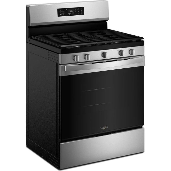 30 In. Gas Range Whirlpool WFGS4530SZ  Stainless  5 Burners     Capacity 5 cubic feet  2,400 Watts  Width 30 inches