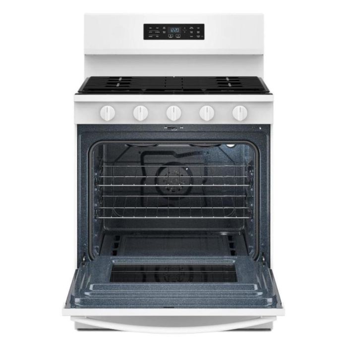 30 In. Gas Range Whirlpool WFGS5730SW  White  5 Burners     Capacity 5 cubic feet  1,400 Watts  Width 30 inches