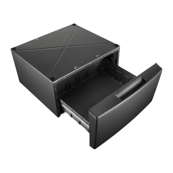 15.5" (39.4 cm) Pedestal for Front Load Washer and Dryer with Storage in Chrome Shadow showcased by Corbeil Appliances