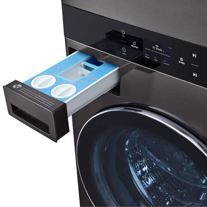 Laundry center 5.8 cu.ft. Washer 7.4 cu.ft. Electric Dryer, Black steel LG WKEX300HBA Capacity 5 cubic feet  12 washing cycles  width 26 inches