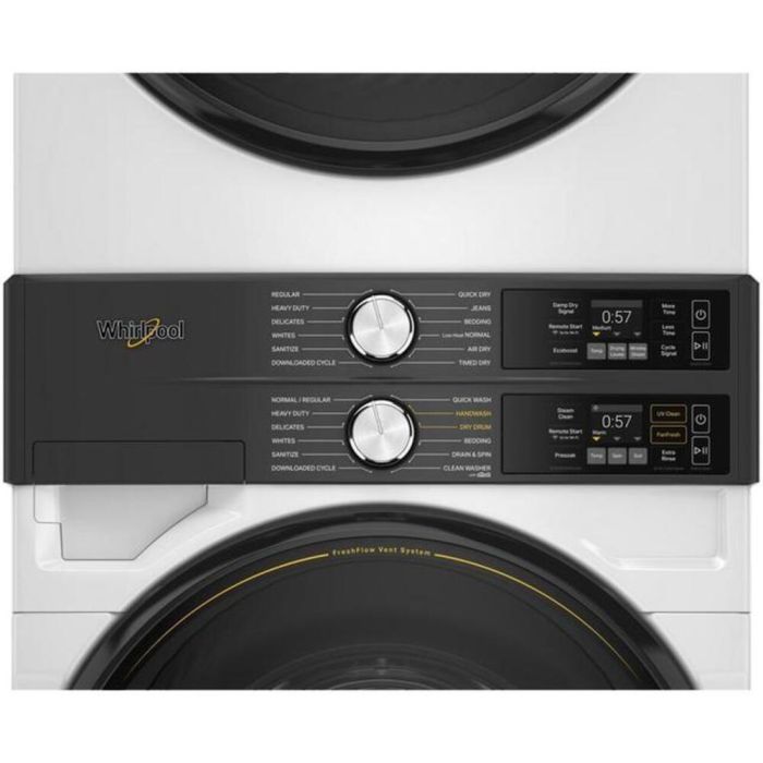 Centre de lavage et de séchage blanc 27 po Whirlpool YWEF5727TW Capacité 4.5 pieds cubes  cycle nettoyage 12    système séchage Ventilé  largeur 27 pouces