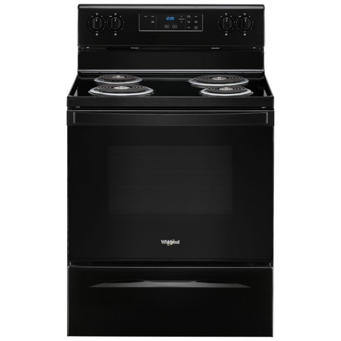30 In. Coil Range Whirlpool YWFC150M0JB  Black  4 Burners     Capacity 4.8 cubic feet  2400 Watts  Width 30 inches