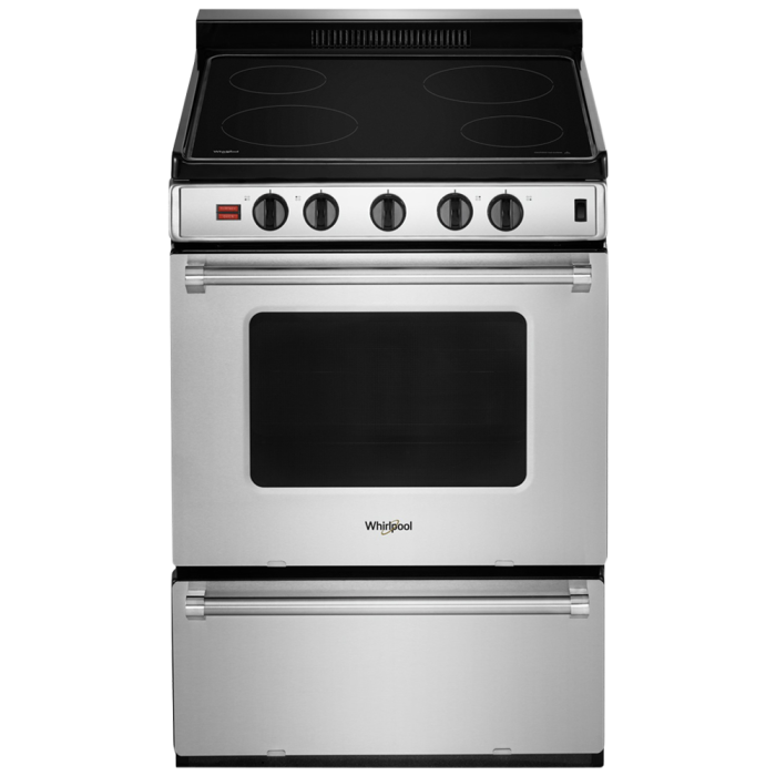 Cuisinière 24 Po. Vitrocéramique Whirlpool YWFE50M4HS  Inox 4 bruleurs     Capacité 2.96 pieds cubes 2000 Watts  largeur 24 pouces