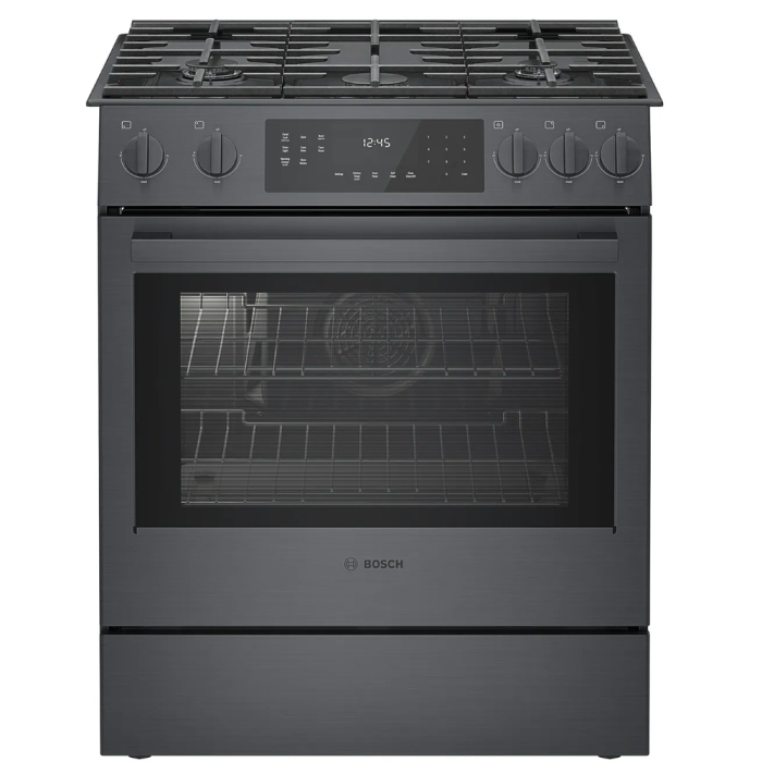 Cuisinière 32 Po. Gaz Bosch HGI8046UC  Inox Noir 5 bruleurs     Capacité 4.8 pieds cubes 18,000 BTU Watts  largeur 32 pouces