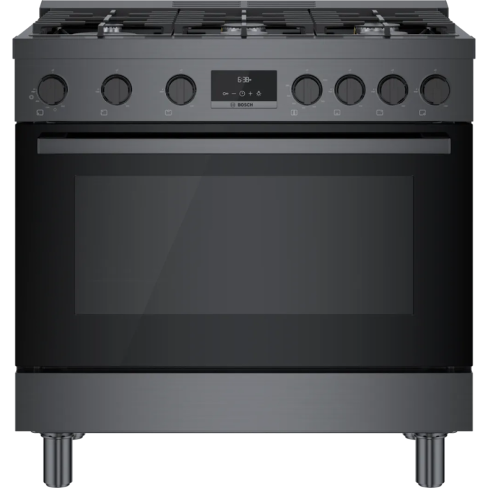 Cuisinière 36 Po. Gaz Bosch HGS8645UC  Inox Noir 6 bruleurs     Capacité 3.4 pieds cubes 17 000 BTU Watts  largeur 36 pouces