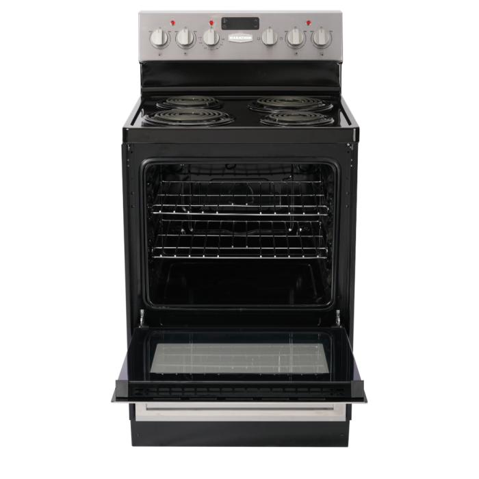 24 In. Coil Range Marathon MER241SS-2  Stainless  4 Burners     Capacity 2.7 cubic feet   Width 24 inches