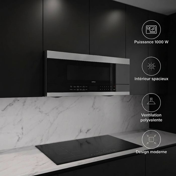 Micro-onde à hotte intégrée 1000 W 1.2 pi. cu. AVIVA AOTRS304SB  Inox Noir Capacité 1.2 pied cubic  puissance 1000 watt  Au-dessus de la cuisinière