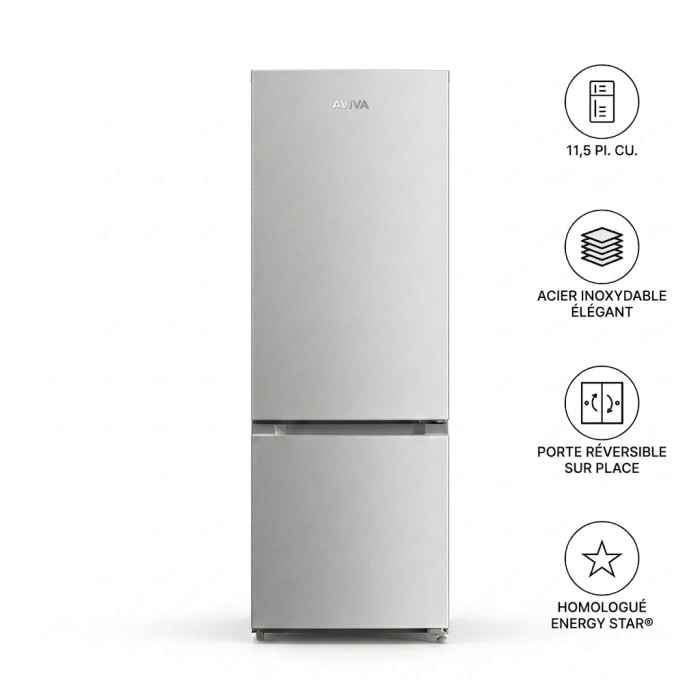 Refrigérateur AVIVA ARBM115SB Inox Congélateur en bas / porte largeur 24 pouces Capacité 11.5 pieds cubes