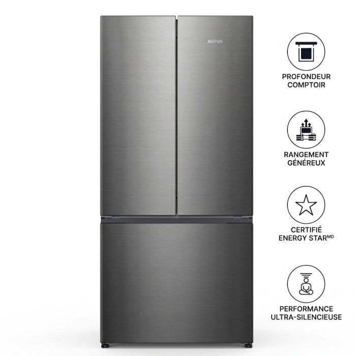 Refrigérateur AVIVA ARBM180FSE Inox Portes françaises largeur 33 pouces Capacité 18 pieds cubes