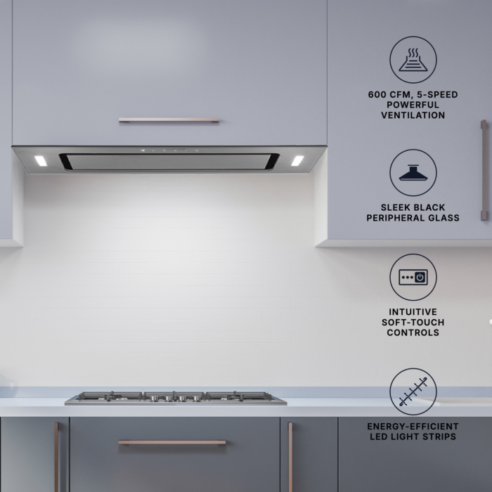 30 In. Chimney Hood  600 Cubic feet per minute AVIVA AVD-306PSB3 Dark Gray / Black  Ducted; Top Installation  600 cubic feet per minute