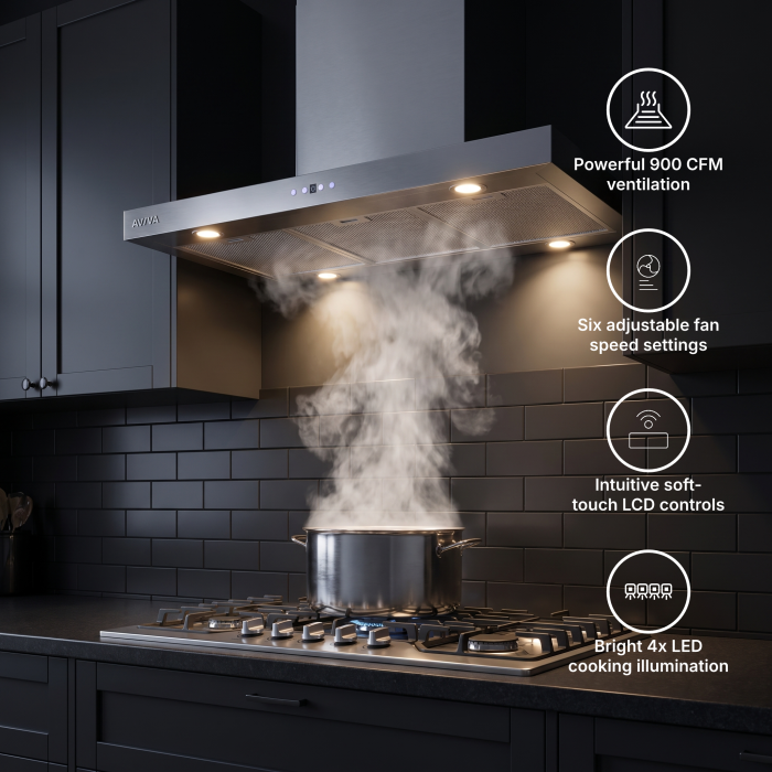 36 In. Island Hood  900 Cubic feet per minute AVIVA AVI-369IS3 Stainless Steel  Island Mount  900 cubic feet per minute