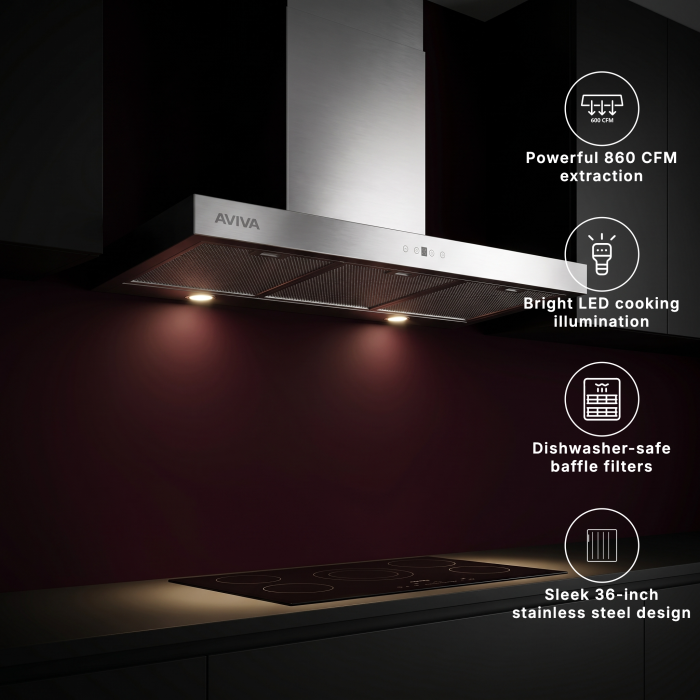 36 In. Chimney Hood  860 Cubic feet per minute AVIVA AVW-368CS2 Stainless Steel  Wall-mount  860 cubic feet per minute