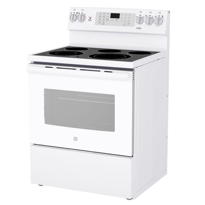 30 In. Ceramic Glass Range GE JCB840DVWW  White  5 Burners     Capacity 5 cubic feet  2850 W Watts  Width 30 inches