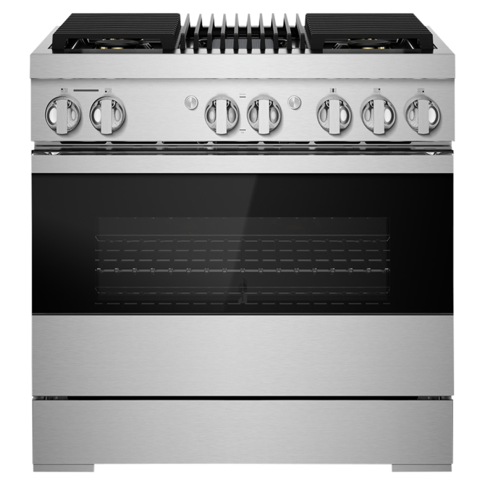 Cuisinière 36 Po. Gaz JennAir JDRP636HM  Inox 4 bruleurs     Capacité 5.1 pieds cubes 3000 Watts  largeur 36 pouces