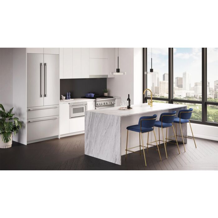 Thermador T36BT122NS stainless steel French door refrigerator built into a modern kitchen