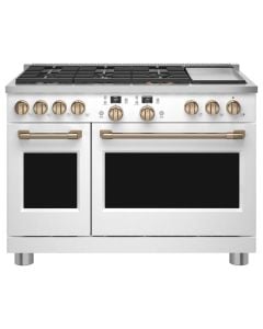 Gas range 48 in. freestanding, with 6 sealed burners, white, Cafe Professional Series C2Y486P4TW2  White  6 Burners     Capacity 5.75 cubic feet  2700W Watts  Width 48 inches